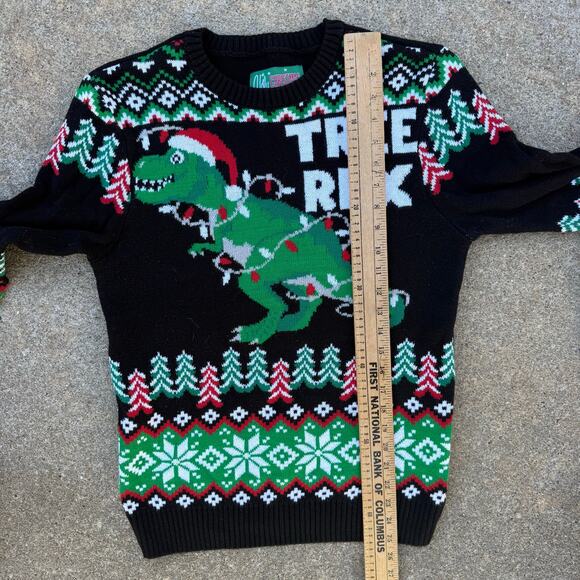 Ugly Christmas Sweater Tree Rex Dinosaur Fair Isle Black Green MEDIUM - Picture 7 of 8